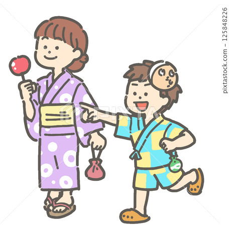 穿著浴衣行走的孩子的插圖 125848226