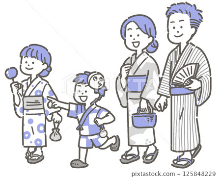 一家人穿著浴衣行走的插圖 125848229