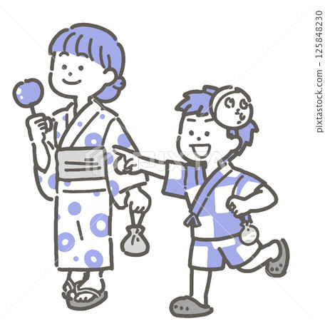 穿著浴衣行走的孩子的插圖 125848230