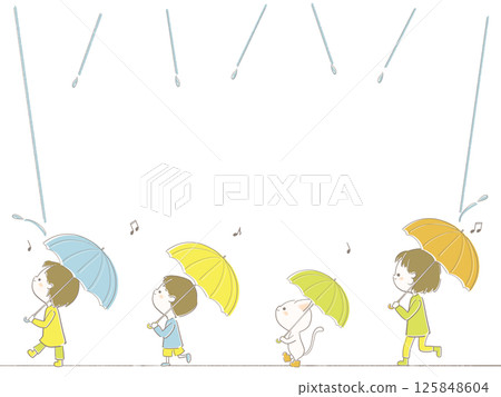 雨季裡拿著傘的孩子和下雨天的框架 雨季裡拿著傘的孩子和下雨天的框架 125848604