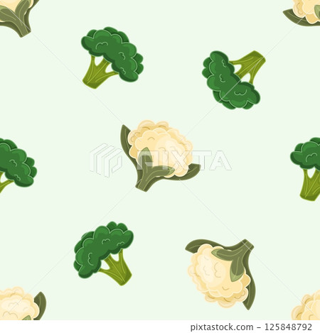 Seamless pattern with broccoli and cauliflower on light green background 125848792