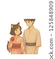 Cat-eared girl and high school boy holding hands_white background version 125848909