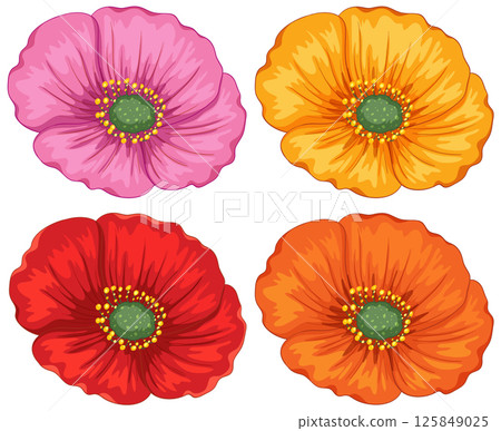 Vibrant Floral Vector Illustration with Four Colorful Blooms 125849025