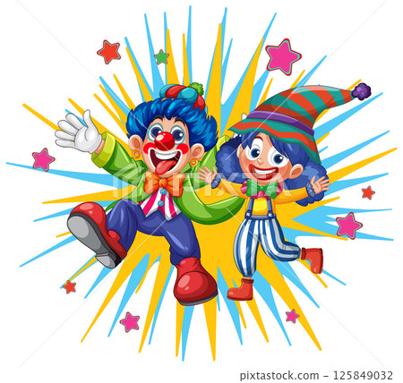 Colorful Clown Duo with Starburst Background Colorful Clown Duo with Starburst Background 125849032