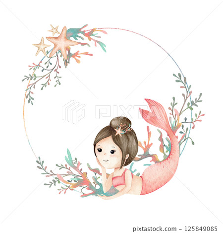 Mermaid little girl, corals, stars, circle frame template. Cute character, children's illustration. Watercolor pastel hand drawn composition isolated from background for invitations, postcards, gift 125849085