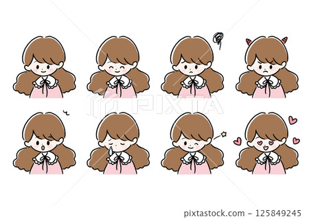 A set of various expressions for women with loose, fluffy hair and frilly collars 125849245
