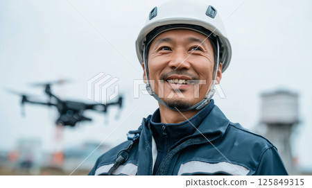 一名戴著頭盔的男子操作無人機 一名戴著頭盔的男子操作無人機 125849315