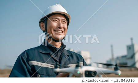 A man wearing a helmet operating a drone A man wearing a helmet operating a drone 125849316