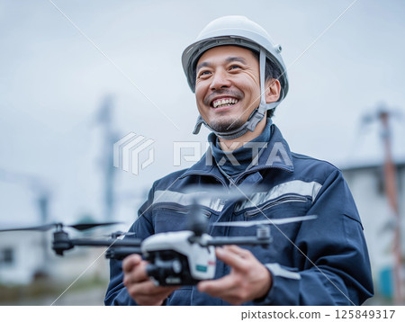 A man wearing a helmet operating a drone A man wearing a helmet operating a drone 125849317