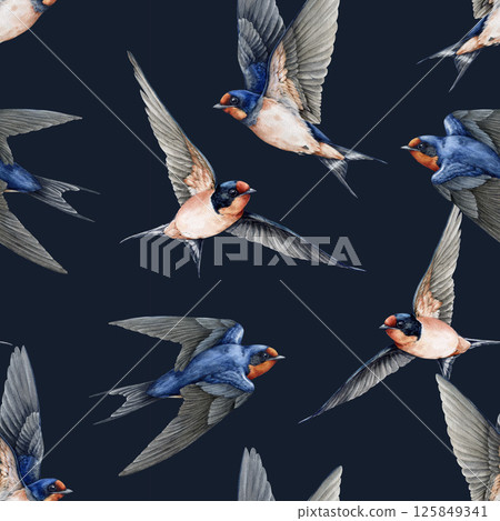 Flying swallow birds seamless pattern element. Watercolor illustration. Cute barn swallow various poses with spread wings on dark background. Wildlife flying martin birds vintage style decor Flying swallow birds seamless pattern element. Watercolor illustration. Cute barn swallow various poses with spread wings on dark background. Wildlife flying martin birds vintage style decor 125849341