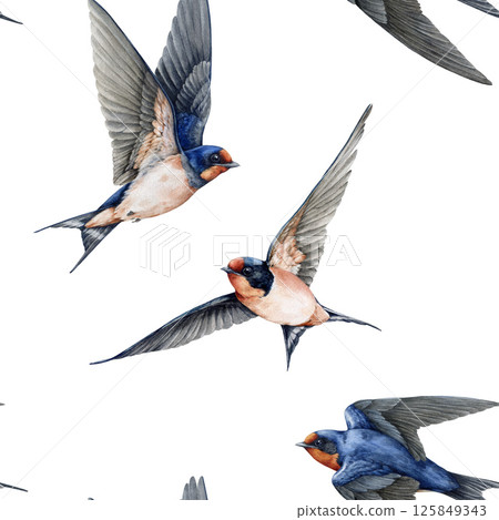 Flying birds seamless pattern decor element. Watercolor painted illustration. Cute barn swallows with spread wings on white background. Wildlife martin birds vintage style decoration element 125849343