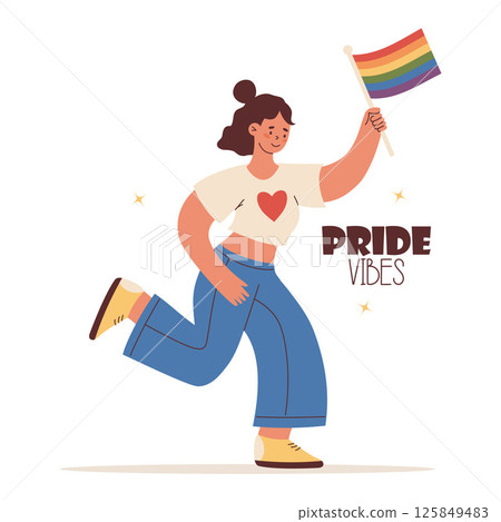 Pride Vibes. LGBTQ Celebration. Woman with Rainbow Flag. LGBT support. Cute Lesbian girl for Pride Month, unity, diversity and equal love. Vector Illustration 125849483