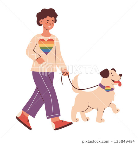 LGBTQ Person Walking Dog with rainbow heart Pride Symbols. LGBT community and lifestyle. Vector Illustration celebrating LGBTQ pride and joy LGBTQ Person Walking Dog with rainbow heart Pride Symbols. LGBT community and lifestyle. Vector Illustration celebrating LGBTQ pride and joy 125849484