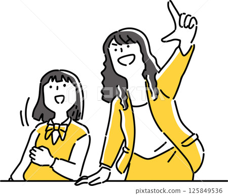 一個女人在指著,另一個女人在看 一個女人在指著,另一個女人在看 125849536