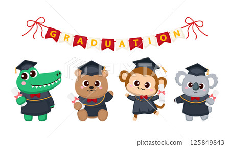 Cute animal crocodile, bear, monkey, and koala celebrate graduation 125849843