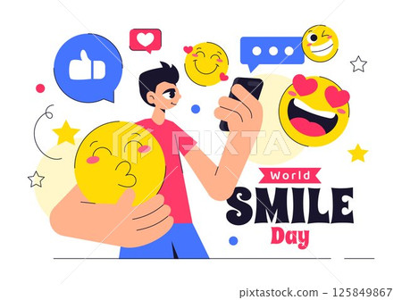 World Smile Day Celebration Vector Illustration Featuring a Smiling Icon, Joyful Emotion and Various Facial Expressions in a Cute and Cheerful Cartoon 125849867