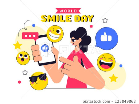 World Smile Day Celebration Vector Illustration Featuring a Smiling Icon, Joyful Emotion and Various Facial Expressions in a Cute and Cheerful Cartoon 125849868