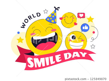 World Smile Day Celebration Vector Illustration Featuring a Smiling Icon, Joyful Emotion and Various Facial Expressions in a Cute and Cheerful Cartoon 125849870
