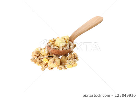 PNG,Muesli in wooden spoons, isolated on white background PNG,Muesli in wooden spoons, isolated on white background 125849930