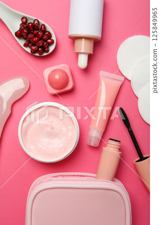 Self care and skincare products concept - pomegranate cosmetics Self care and skincare products concept - pomegranate cosmetics 125849965