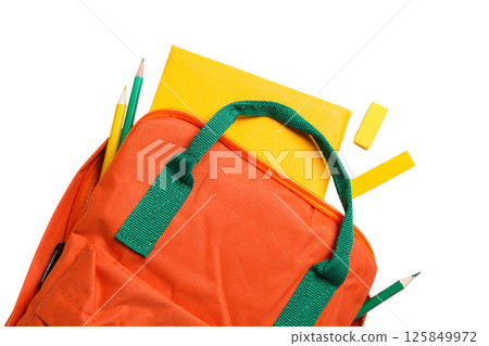 Bright orange backpack with school supplies on a white surface, isolated on white Bright orange backpack with school supplies on a white surface, isolated on white 125849972