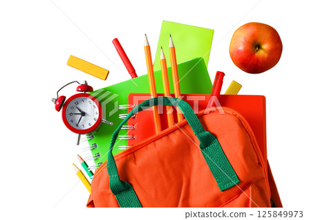 Colorful school items arranged with an apple and alarm clock, isolated on white Colorful school items arranged with an apple and alarm clock, isolated on white 125849973