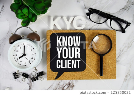 KYC - Know Your Client acronym with alarm clock and magnifying glass, business concept background 125850021