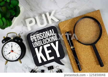 PUK - Personal Unblocking Key acronym with alarm clock and magnifying glass, technology and security concept background 125850048