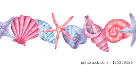 Seamless horizontal border of shells. Watercolor illustration of underwater elements, spiral shell, scallop and clam, starfish. Hand drawn pattern. For design of marine theme, children's products. 125850126