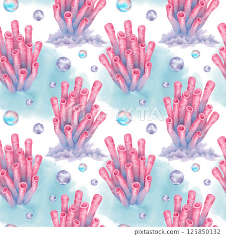 Seamless pattern of tube coral with water bubbles on blue spot. Watercolor illustrations. Ocean coral reefs, underwater animal of seabed. Hand drawn isolated art. Nautical design for fabric, textile. Seamless pattern of tube coral with water bubbles on blue spot. Watercolor illustrations. Ocean coral reefs, underwater animal of seabed. Hand drawn isolated art. Nautical design for fabric, textile. 125850132