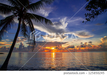Sunset and sunset over the lagoon of Fongafale Island in Funafuti Atoll, the capital of Tuvalu, an island nation in Oceania and Polynesia 125850245
