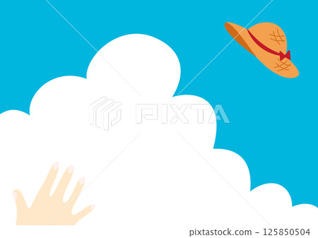 一頂草帽和一隻手在藍天中飛翔的插圖 125850504