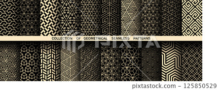 Geometric set of seamless black and golden patterns. Simple vector graphics 125850529