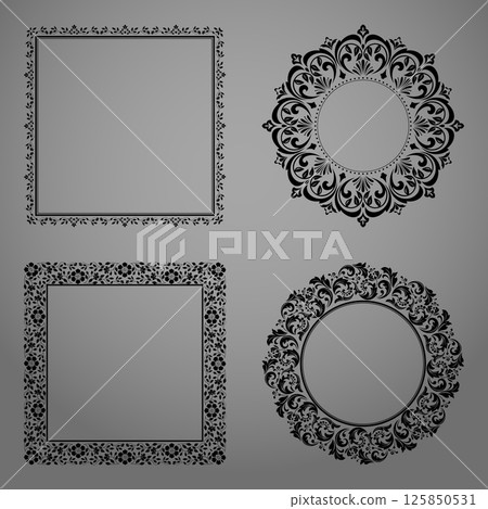 Set of decorative frames Elegant vector element for design in Eastern style, place for text. Floral black and gray borders. Lace illustration for invitations and greeting cards 125850531
