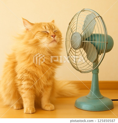 A fluffy brown cat that seems to feel good in the breeze of a fan A fluffy brown cat that seems to feel good in the breeze of a fan 125850587