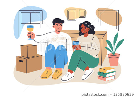 Vector flat cartoon illustration of couple celebrating move to new home. Man and woman sitting on floor among boxes, drinking champagne, resting after moving day composition, isolated colored clipart Vector flat cartoon illustration of couple celebrating move to new home. Man and woman sitting on floor among boxes, drinking champagne, resting after moving day composition, isolated colored clipart 125850639