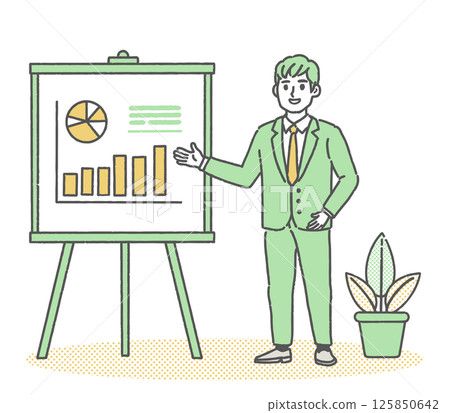 A businessman giving a presentation showing materials on a whiteboard 125850642
