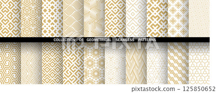 Geometric set of seamless golden and white patterns. Simple vector graphics 125850652