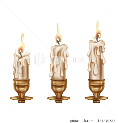 Golden metal candelabra with a long burning candle. Decoration in victorian gothic old victorian design. Research archive, Royal library. Handmade illustration on white background Golden metal candelabra with a long burning candle. Decoration in victorian gothic old victorian design. Research archive, Royal library. Handmade illustration on white background 125850782