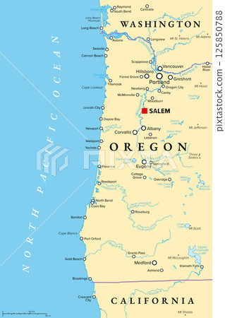 Oregon coast, political map. Coastal region of U.S. state of Oregon, bordered by Pacific Ocean to the west and Oregon Coast Range to the east, stretching from Columbia River to the California border. 125850788
