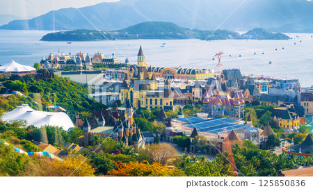 panoramic landscape of Vinpearl Island in sea with VinWonders Amusement Park with castles and ropeway cable car in Nha Trang in Vietnam top view 125850836
