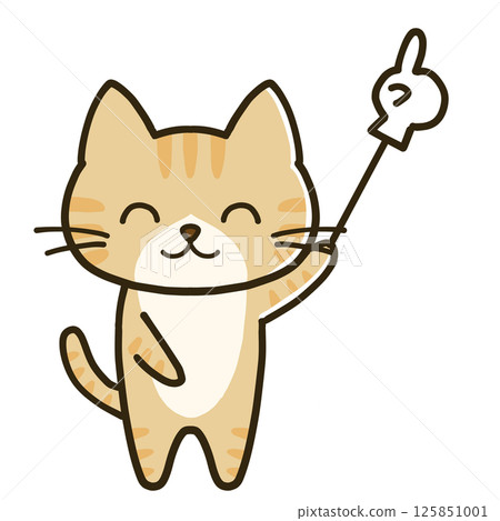 Brown tabby cat smiling while holding a pointing stick Brown tabby cat smiling while holding a pointing stick 125851001