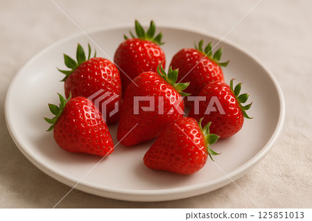 Bright red strawberries placed on a matte white ceramic plate over a light beige linen background. Bright red strawberries placed on a matte white ceramic plate over a light beige linen background. 125851013