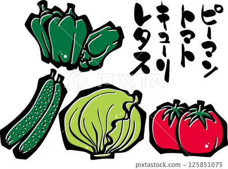 蔬菜插圖<夏季，辣椒，西紅柿，黃瓜，生菜，書法> 125851075
