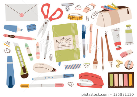 Vector illustrations set with school and office supplies. Stationery collection with pens, pencils, notebook, flat cartoon icons for studying, writing, organizing daily tasks and creative work 125851130