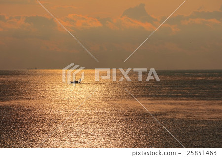 Hiwasa, Ohama Beach, where the morning sun shines golden on the ripples of the waves and fishing boats / Loggerhead turtle nesting site / One of Japan's 100 best beaches 125851463