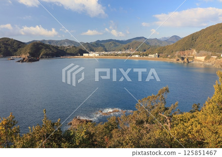 View of the town of Hiwasa and Ohama Coast from the observation deck on the mountain of Ebisu Cave, a scenic spot on Ohama Coast in Hiwasa 125851467