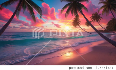tropical beach at sunset with palm trees silhouetted against a vibrant colorful sky 125851584
