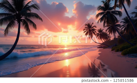 tropical beach at sunset with palm trees silhouetted against a vibrant colorful sky 125851586