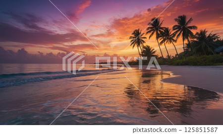 tropical beach at sunset with palm trees silhouetted against a vibrant colorful sky 125851587